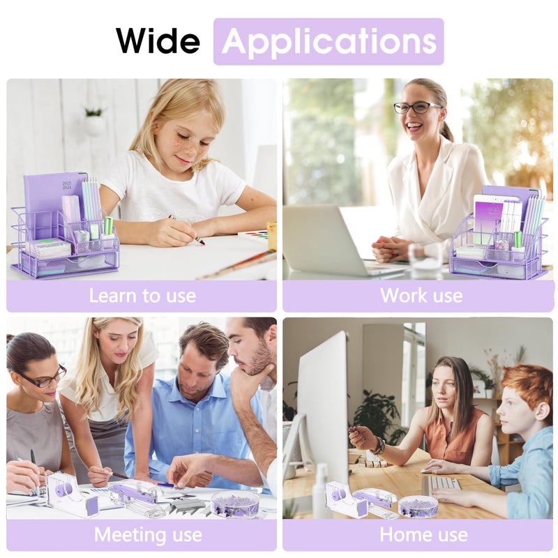 Scindaly Purple Desk Organizers and Accessories  Purple Office Supplies with Mesh Desk Organizer  Acrylic Tape Dispenser and Stapler  Staples  Ballpoint Pen  Clips Set  Ruler  Scissor  Sticky Labels - Image 5